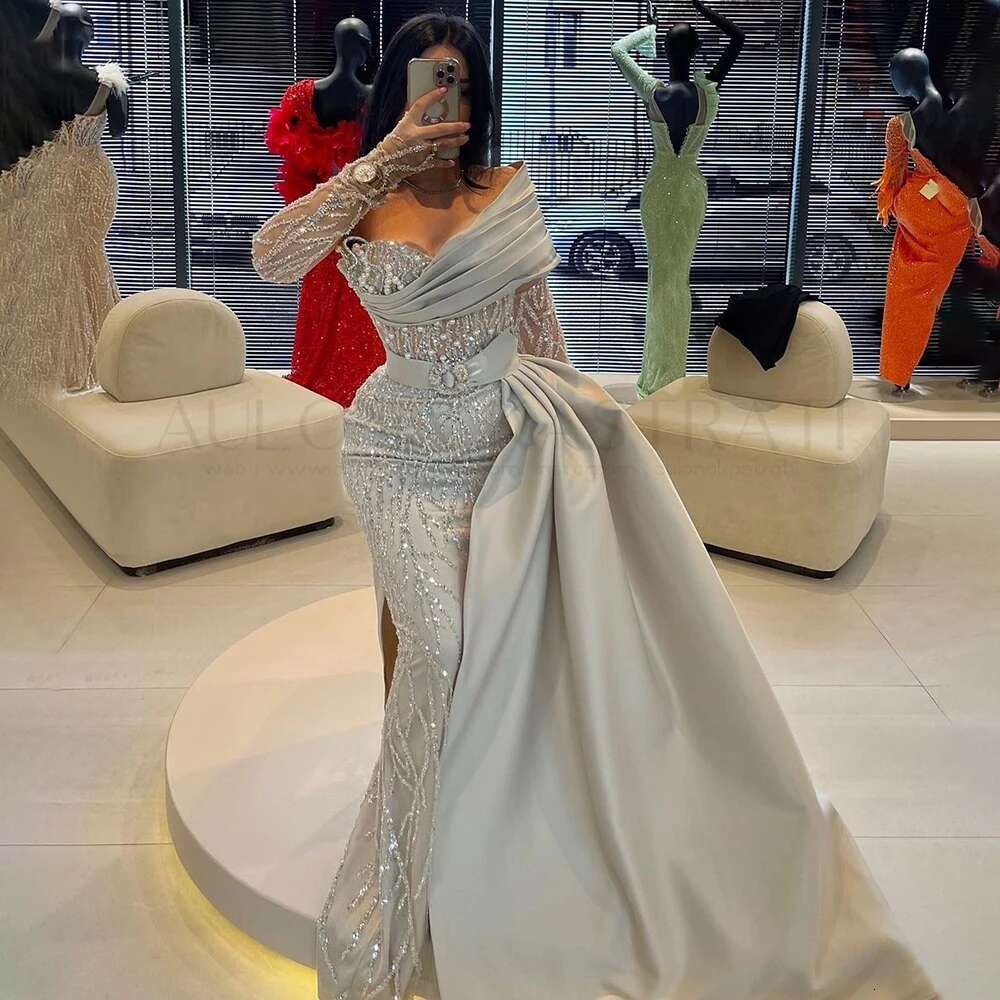 Serene Hill Arabic Nude Pearls Beaded Evening Dresses Dubai Elegant One Shoulder Women Party Gowns 2024