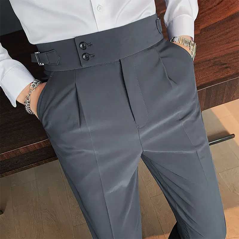 Casual Mens Spring and Summer 2024 New Business Formal Solid Color High Waisted Button Zipper Ruched Pocket Straight Suit PantsX241023