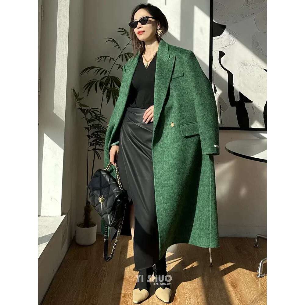 Rose Green Double-Sided Cashmere Suit Collar Straight Fit Long Wool Elegant Slim Woolen Coat Women 2023 New