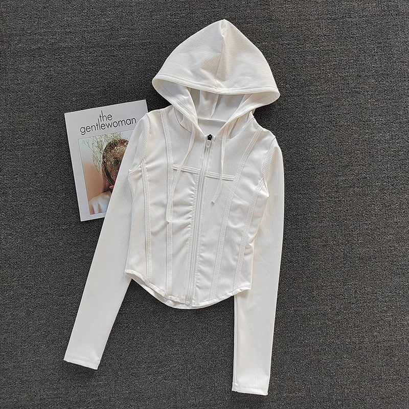 Womens fitness jacket hooded cardigan tight fitting quick drying sports jacket running training shirt yoga suit long sleeved sports jacketXJ250410