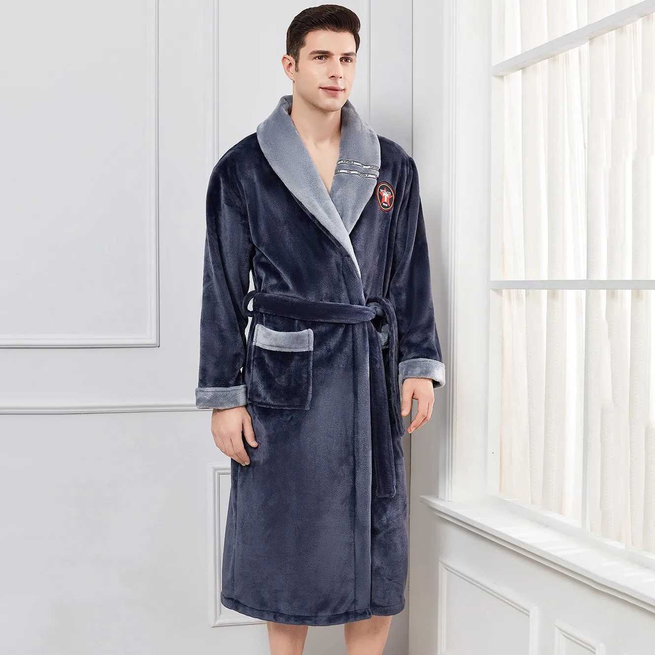 Plus 3XL 4XL Mens Flannel Robe Spwear Thick and Long Bathroom Sleepwear Winter Coral Fce Casual Sleepwear W241023