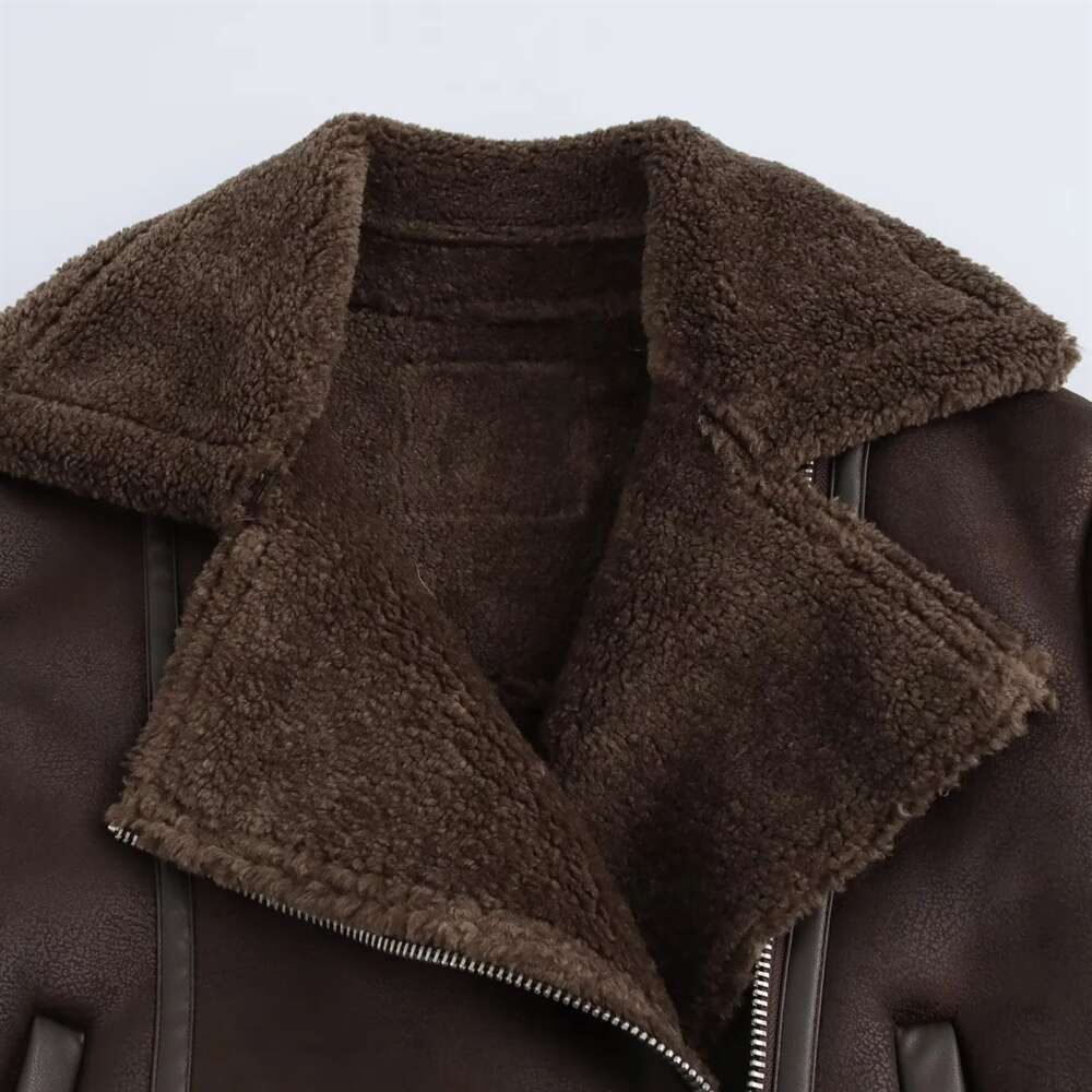 Pb&Za2024 Autumn/Winter New Product: Leather And Fur Integrated Double Sided Collar Long Sleeve Short Cotton Jacket Coat