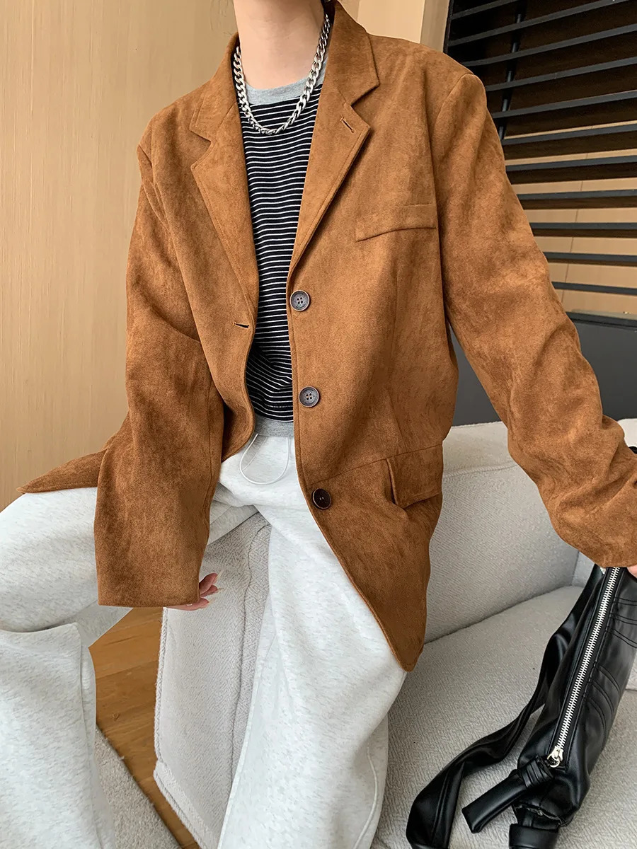 Brown synthetic suede jacket womens autumn oversized jacket autumn dress jacket work office 241023
