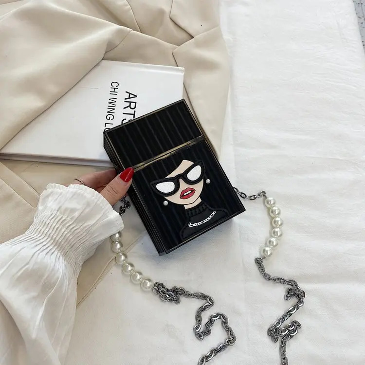 Womens mini shoulder bag interesting cigar box shaped bag fashionable glasses girls chain bag pearl chain handle box bag 241023