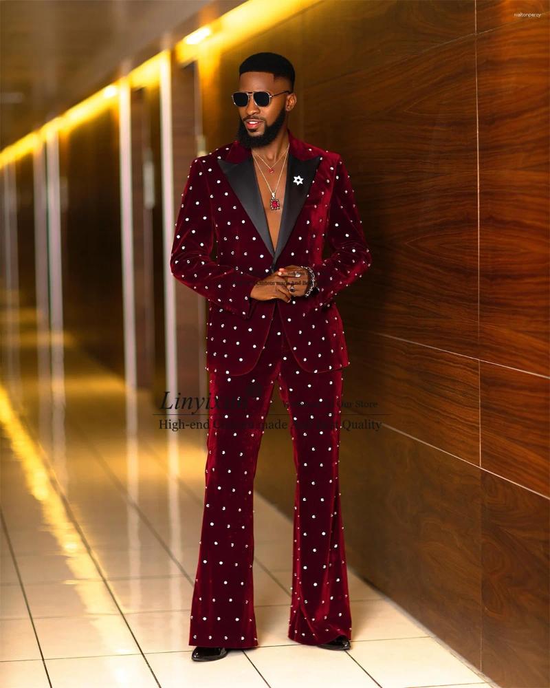 Men's Suits Burgundy Velvet Men Luxury Beaded Crystals Wedding Groom Tuxedos Slim Fit Male Prom Blazer 2 Pieces Sets Costume Homme