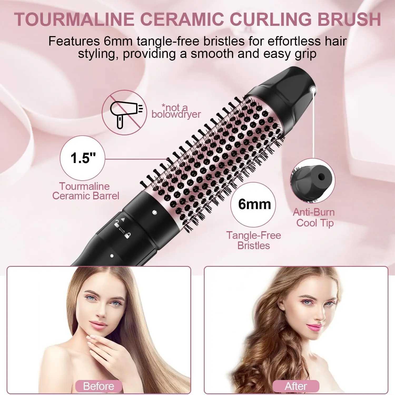 New Arrival 1.5-inch curled iron brush dual PTC heating brush electric stone round brush 2-in-1 heating brush dual volt Z241022