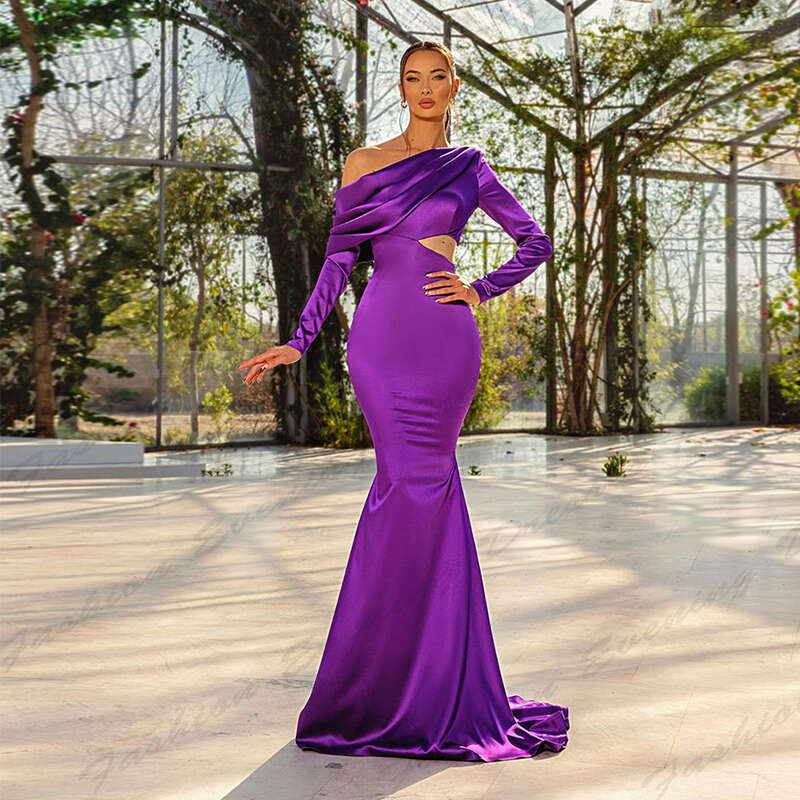 Sexy Mermaid Exquisite Evening Dresses For Woman Gorgeous Slimming Satin Beautiful Simple Off Shoulder Long Sleeves Prom Gowns