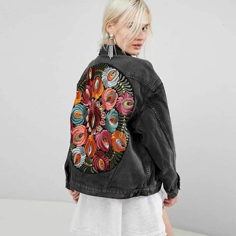 Cowboy jacket Bohemian oversized multi flower embroidered long sleeved casual fashion jacket for womens Spring and Autumn clothing 241022