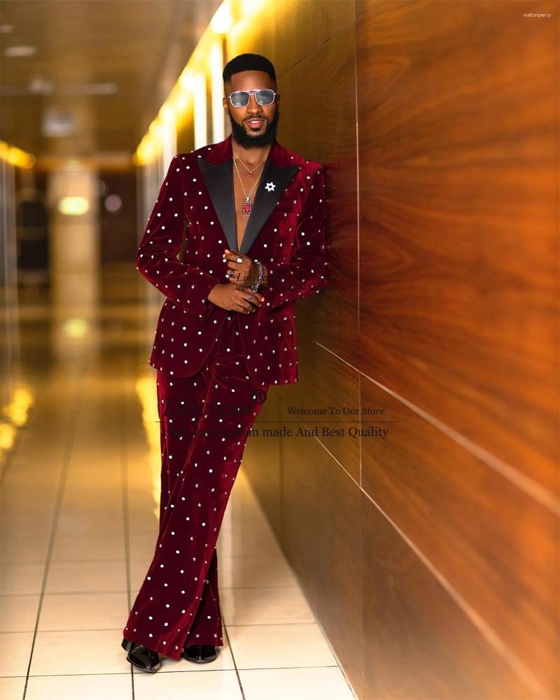 Men's Suits Burgundy Velvet Men Luxury Beaded Crystals Wedding Groom Tuxedos Slim Fit Male Prom Blazer 2 Pieces Sets Costume Homme