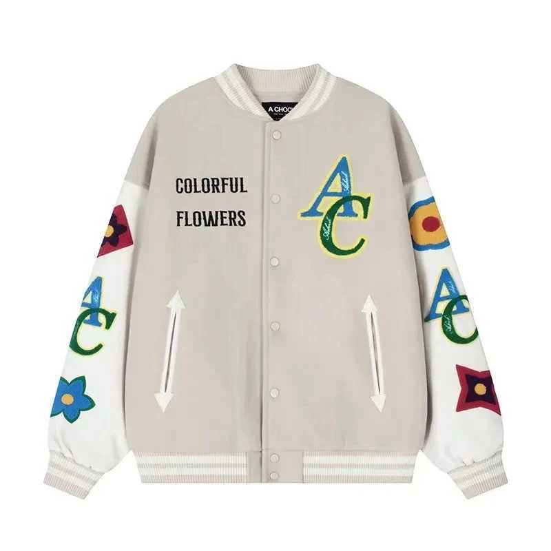 Floral embroidery plush jacket mens and womens T-shirt college baseball jacket motorcycle patch work hip-hop bomber jacket autumn 2023 X241023
