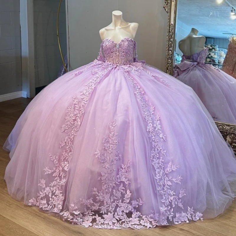 Lilac Shiny Princess Quinceanera Dresses Ball Gown Off The Shoulder Lace Applique Bow Beads Tull Mexian Corset Sweet 16 Dress Vestido De 15 Anos