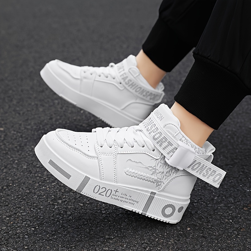 Men S High Top Fashionable Sports Shoes Casual Lace Up Solid Color PU Upper Breathable Lining Wear Resistant Rubber Outsole Comfortable Fabric Insole