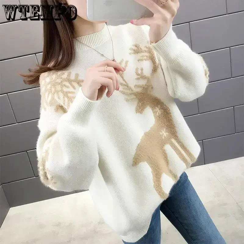 WTEMPO Christmas Year Loose Knitted Sweaters Women Autumn Winter Warm Pullover Top All Match Sweater Bottoming Shirt Female 241021