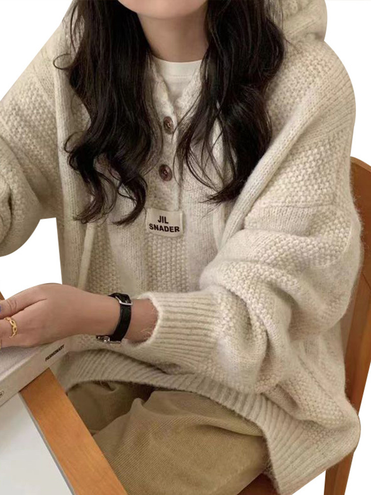 Korean Loose Solid Hooded Sweater Women Casual Knitted Buttons Soft Pullover Sweaters Female Autumn Chic Daily Warm Streetwear