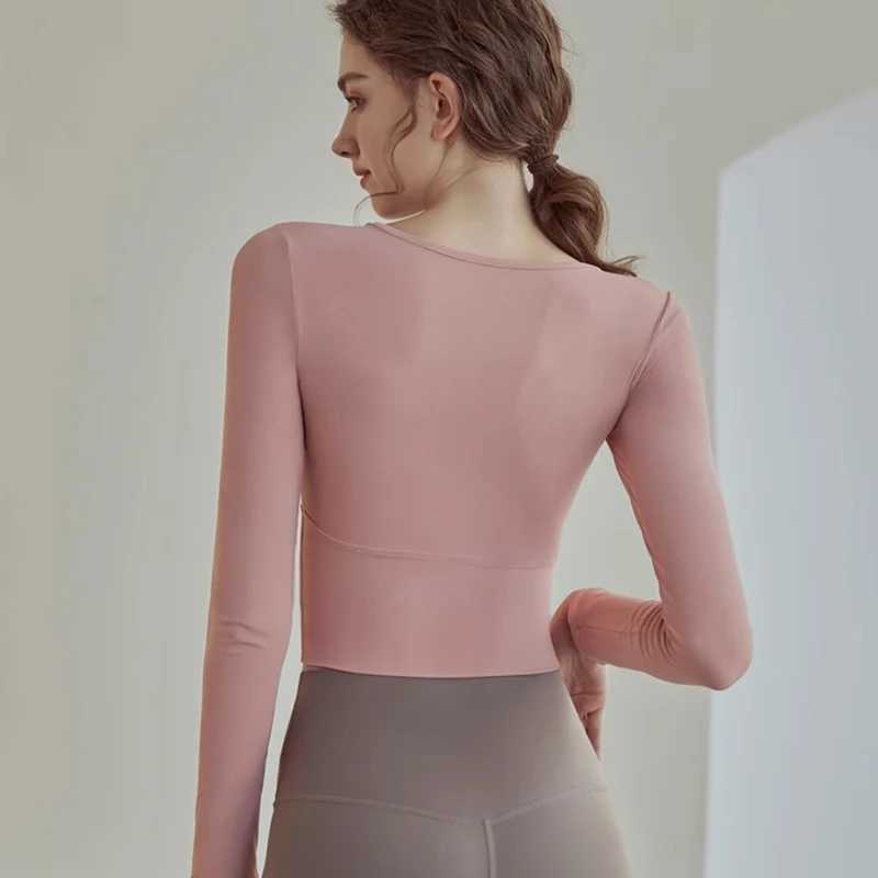 Long sleeved sweatshirt womens fitness sexy shirt side shoulder hollow yoga suit cut top running sweatshirtXJ250410