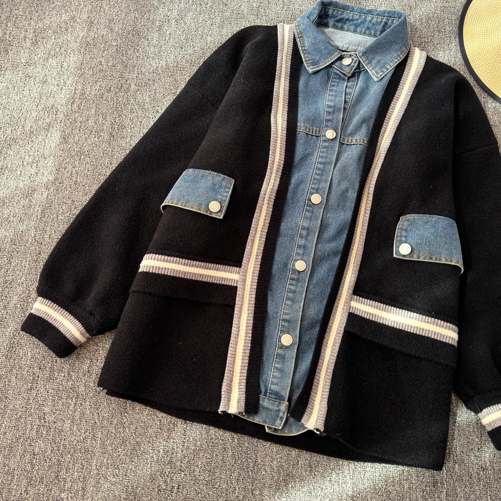 Denim Knitted Splicing Coat Warm Short and Fat Open Knitted Sweater Top Womens Spring and Autumn Knitted Clothing 241022