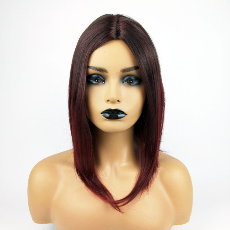 African fashion black gradient brown bob middle part short straight hair chemical fiber headpiece