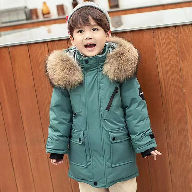 Childrens Down Cotton Jacket Boys Winter Thickened Large Fur Collar Coat 2024 Kids Warm Hooded Outerwear Teenager Clothing 241022