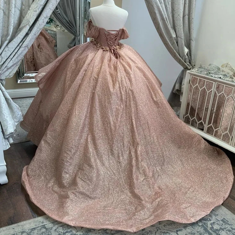 Rose Gold Shiny Off the Shoulder Quinceanera Dresses Ball Gown Beading Appliques Lace 3D Flower Corset Vestido De 15 Anos Sweet 16 Dress