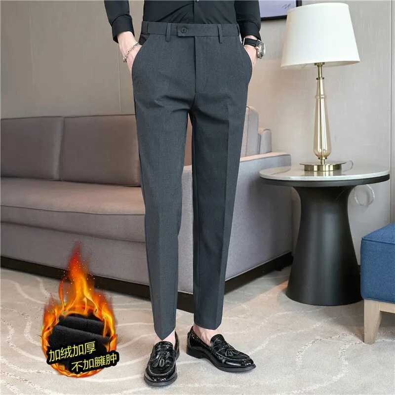 2023 Autumn Winter Plush Warm Suit pants Men Solid Color Elastic Waist Dress Pants Formal Business Slim Office Social TrousersXJ241023