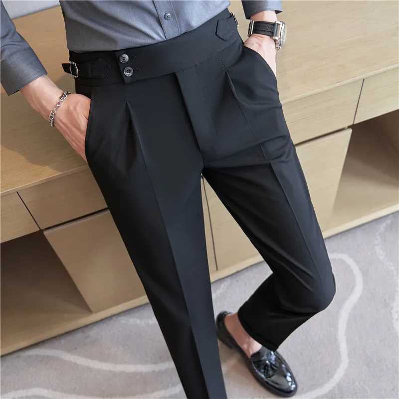 Neapolitan High Waist Casual Dress Pant For Men 2024 New Belt Design Slim Fit Casual Office Social Party Suit Pants 38-28X241023