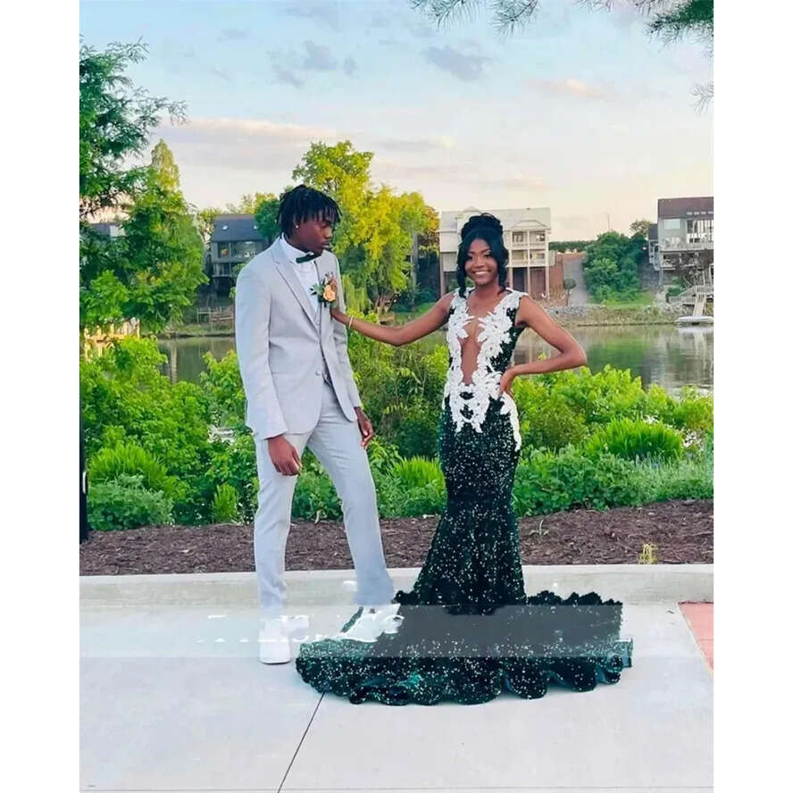 Sequins Sheer Green Dark O Neck Long Prom Dress For Black Girls 2024 Sequined Birthday Party Dresses Appliques Evening Gowns Mermaid Robe De Bal es