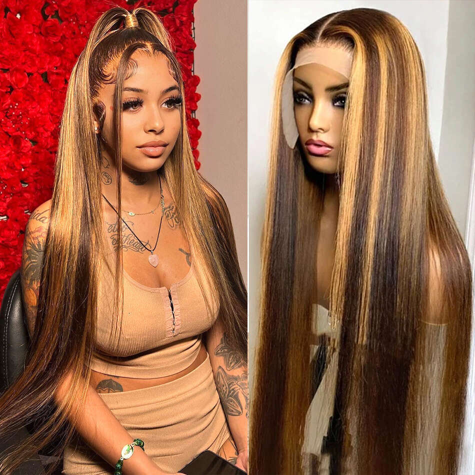 Honey Blonde Wig Straight Front Brazilian Highlight Human Hair Lace Frontal For Women