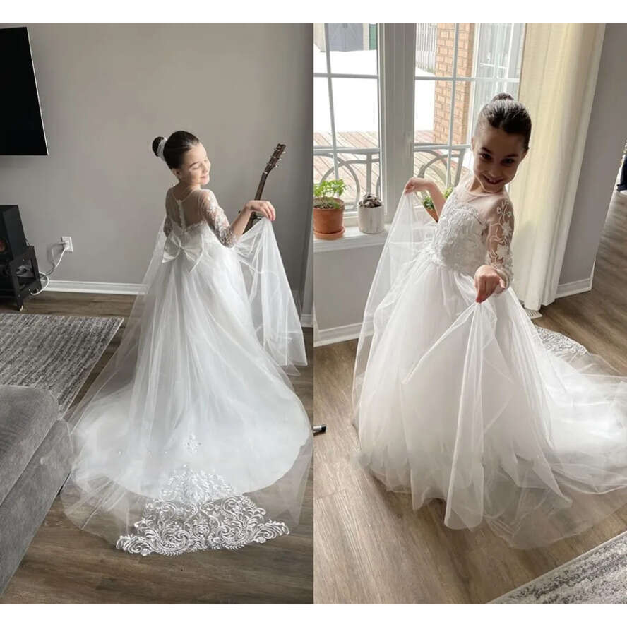 Lace Cute Wer Boho Girl Princess A E Sheer Tulle Long Sleeves Crew Neck Appliques Big Bow Sash Back Kids Formal Party Birthday Communion Dresses ppliq