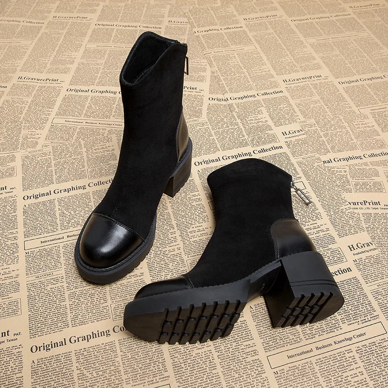 Retro brown womens ankle boots fashionable and elegant zipper shoes autumn square high heels modern short boots 250225