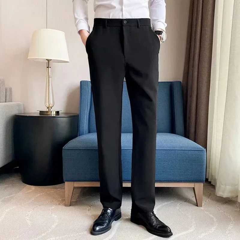 Mens Clothing Solid Color High Waisted Pockets Button Zipper Casual Trousers Trouser Suits Pencil Boyfriend Business PantsX241023