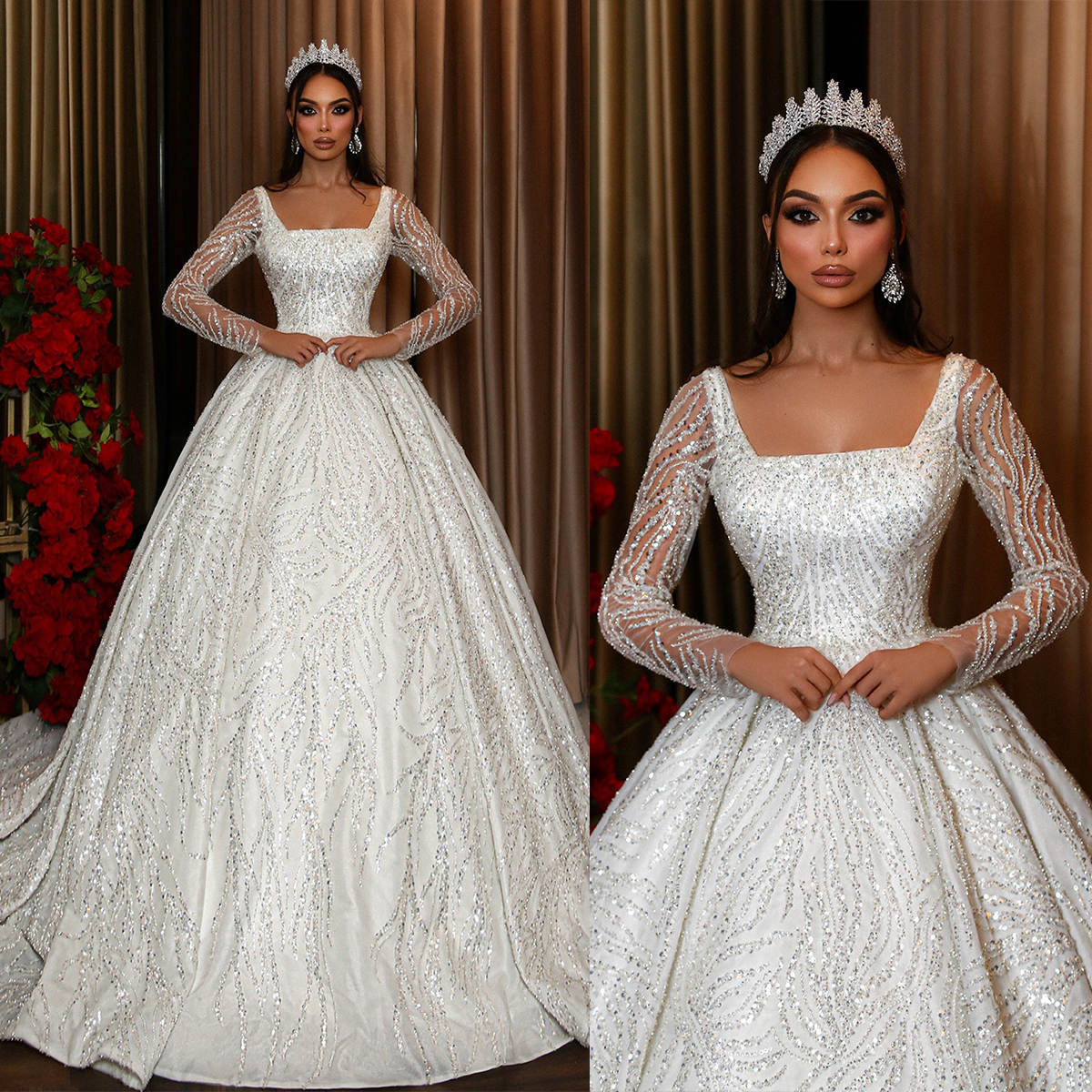 Classic Sequins Wedding Dresses Square Collar Bride Ball Gown Bridal Dress Princess Long Sleeves Lace Up Custom Made Plus Size Sweep Train Vestidos De