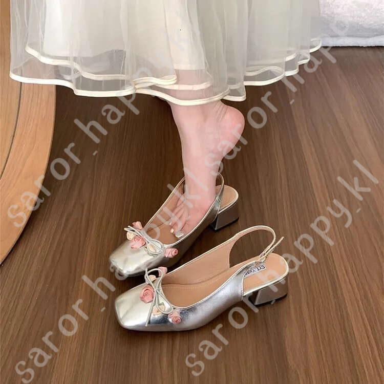 French Block Heel Mary Jane Single Shoes Women's Spring/Summer Flower Backspace Sandals 986