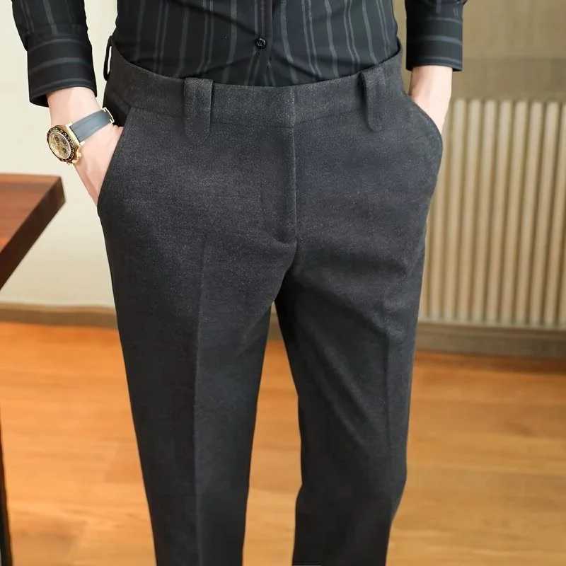 2024 Fall Casual Pants For Mens Streetwear Fashion Slim Fit Straight Pants Men Vintage Solid Color Pleated Woolen Suit TrousersX241023