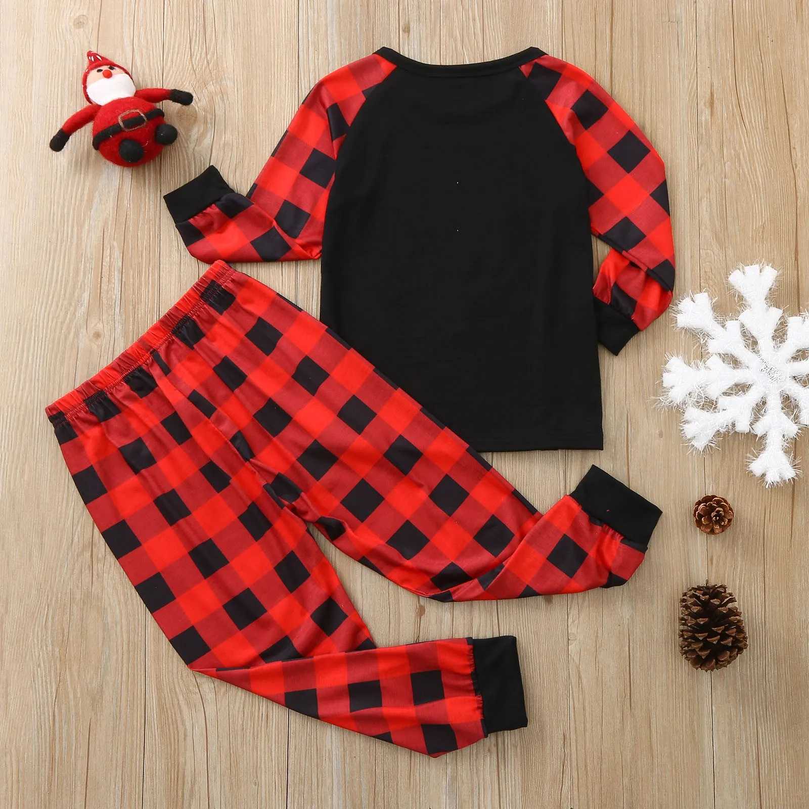 Christmas Letter Print Parent-child Outfits Long Sleeve Top Black Red Plaid Pants Home Suit New Year Family Matching Pajamas SetXJ241008
