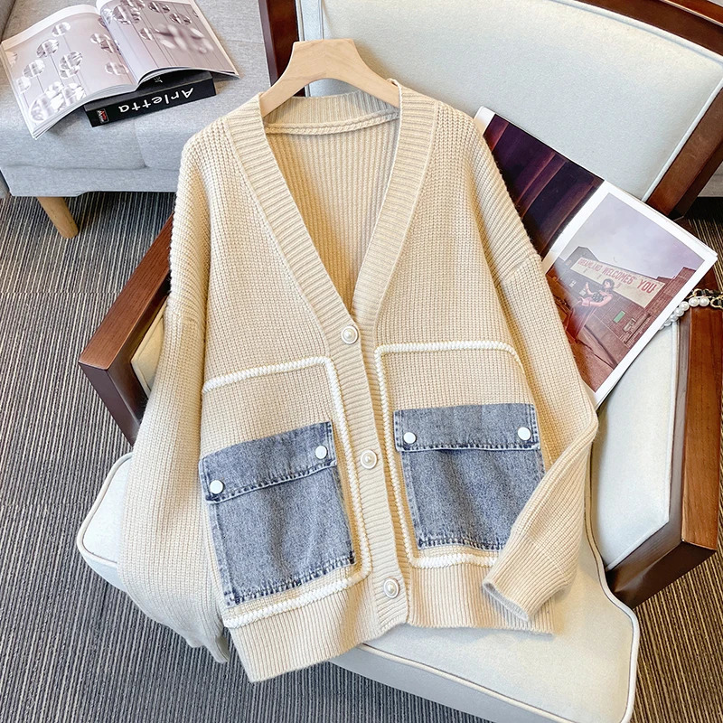Winter Denim Patchwork Knitting Cardigan For Women Loose V Neck Long Sleeve n Y2K Sweater Fashion Tops 241021