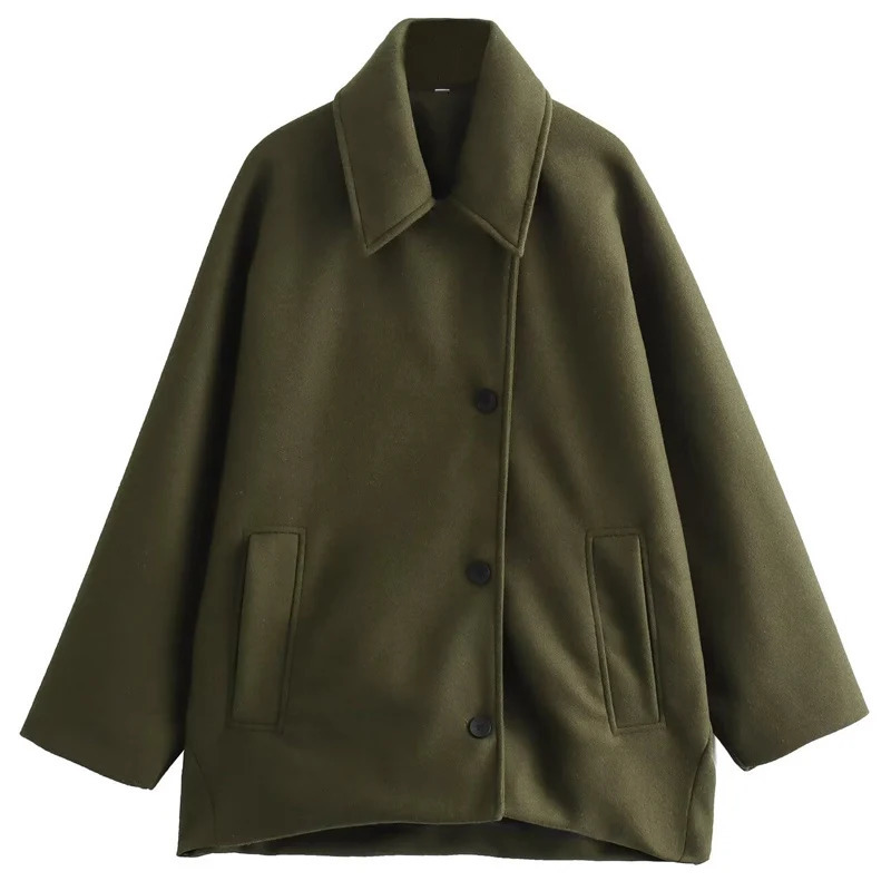 HXAO loose coarse tweed jacket womens bomber jacket green black card color card color card button plus size long sleeved fashionable casual jacket 241