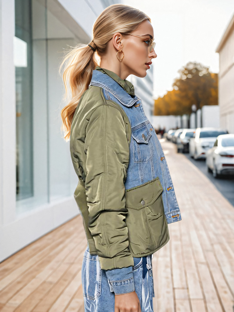 DEAT Fashion Women's Patchwork Denim Jackets Turn-Down Collar Loose Zipper Long Sleeve Short Coat Autumn 2024 New Tide 7Z249