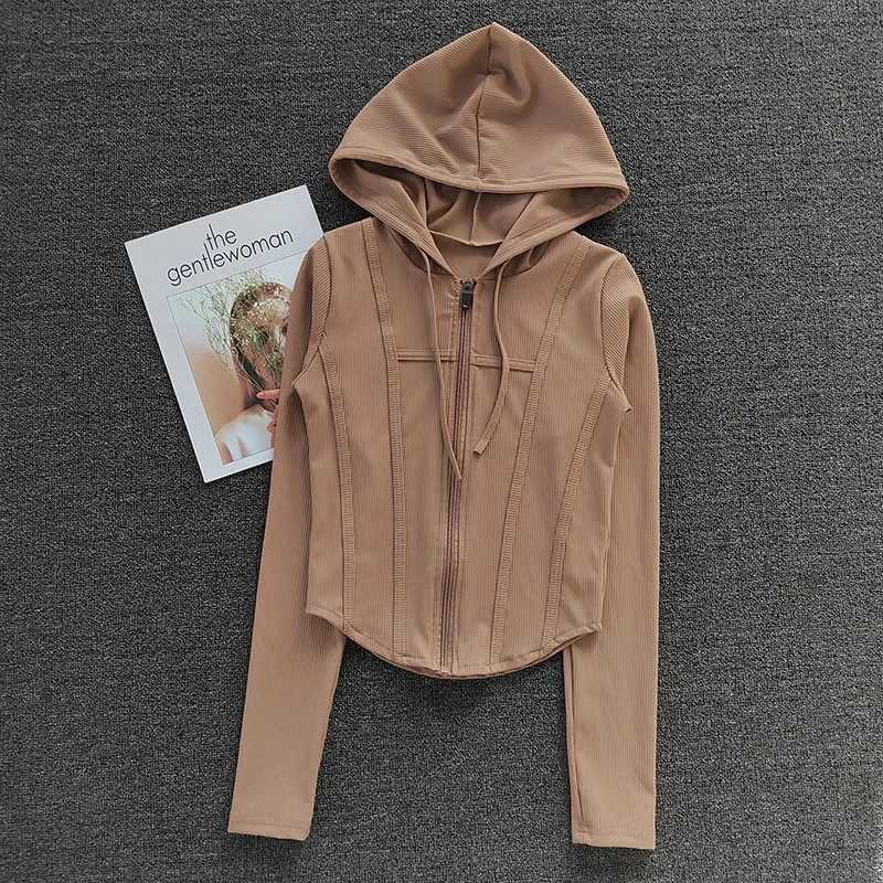 Womens fitness jacket hooded cardigan tight fitting quick drying sports jacket running training shirt yoga suit long sleeved sports jacketXJ250410