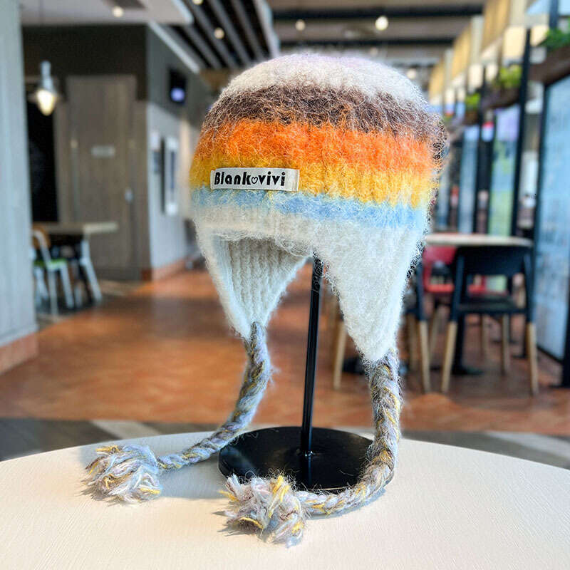 Beanie Striped design knit hat for winter outdoor warm Rainbow Christmas gift to girls knitted hat bonnet Christmas gift for girls very good