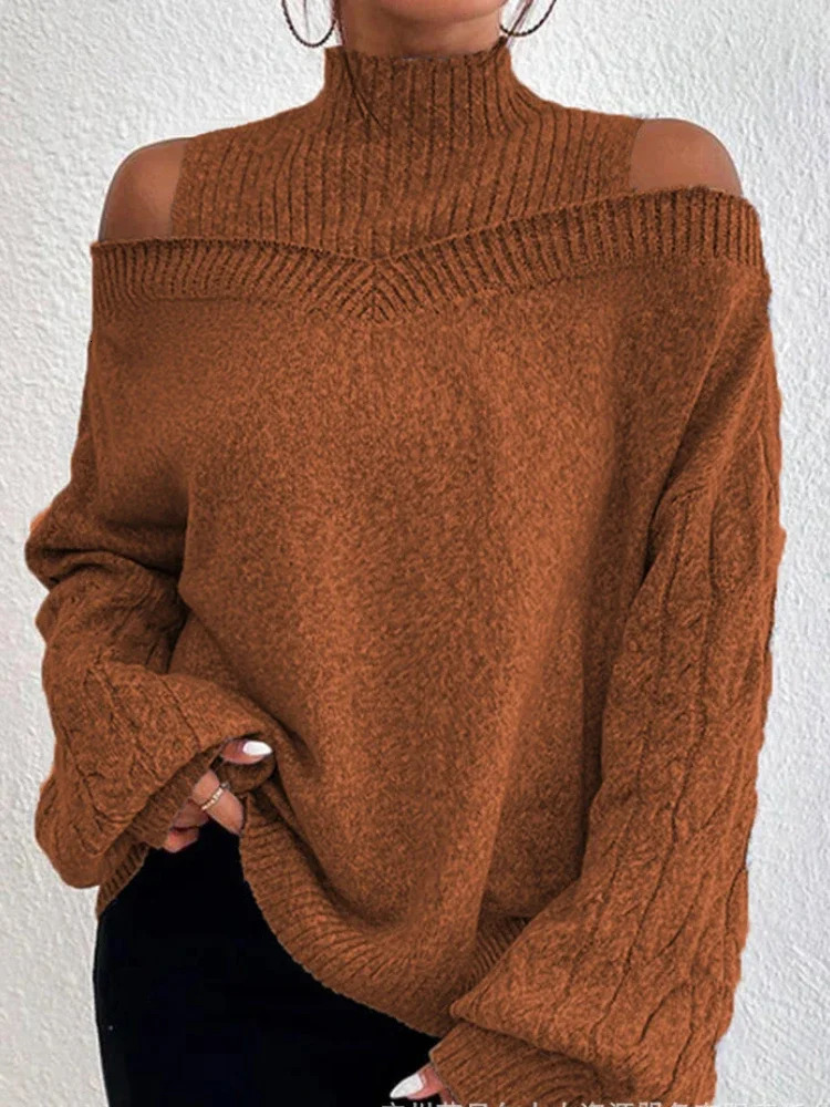 Winter Fashion Womens High Neck Knitted Pullover Loose Elastic Wool Top Off Shoulder Elegant Street Style Sweater