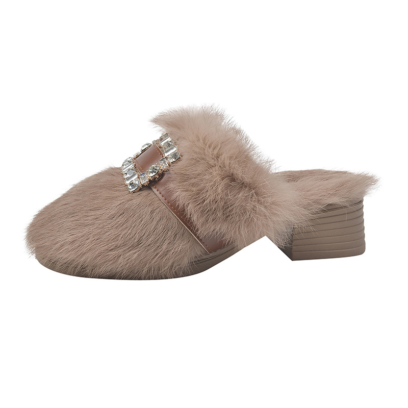 Autumn Winter Korean Version Rhinestone Square Buckle Thick Heel Plush High-heeled Slippers