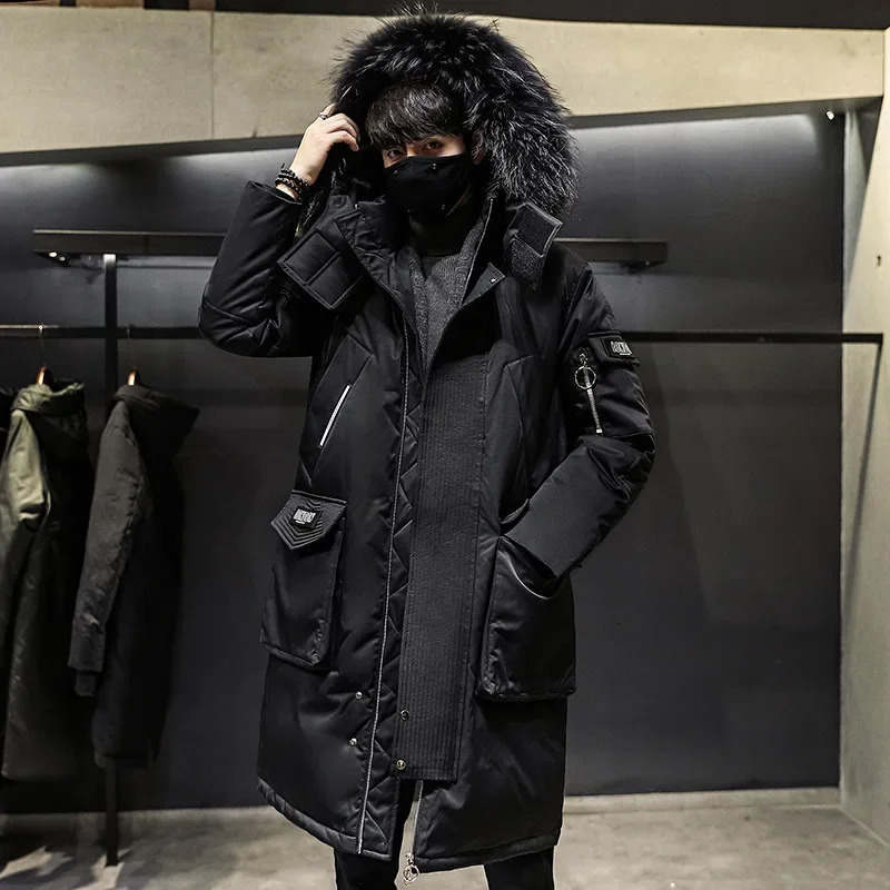 winter mens hooded fur collar long park jacket fashionable mens multi pocket white duck inflatable jacket 3XL 241022