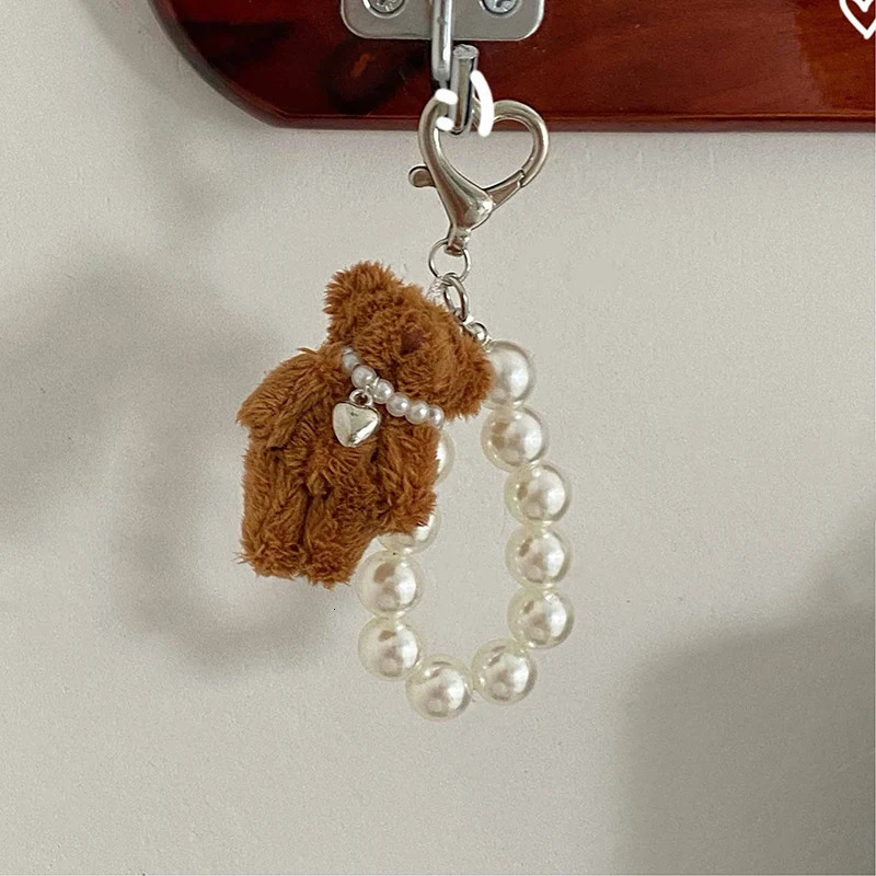Plush Teddy Bear Pearl Bracelets Cell Phone Chain Cute Doll Bag Charms Keychain Pendant Girl Heart Hanging Ornament 241017