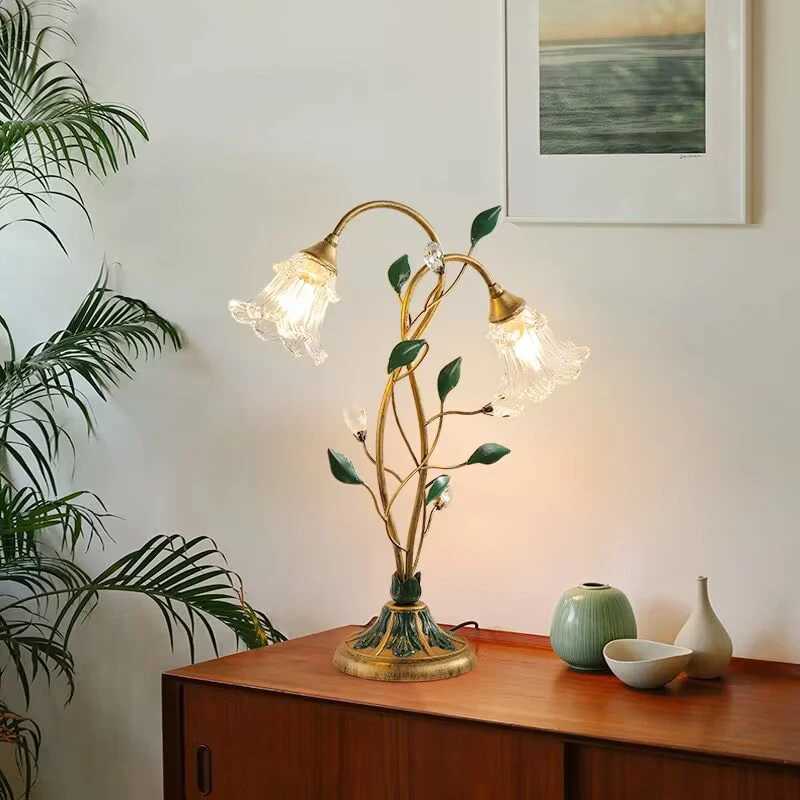 French Romantic Flower Desktop E14 Decorative Lamp Family Living Room Bedside Table Glass Copper Green Leaf LED Desk Lamp X2410211