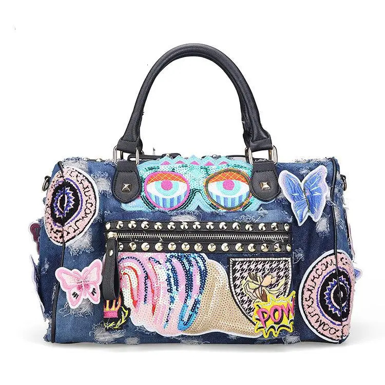 Rock Style Fashion Women Denim Handbags Casual Shoulder Bags Vintage Demin Blue Top Handle Bags Bolsa Large Travel Bags 241023