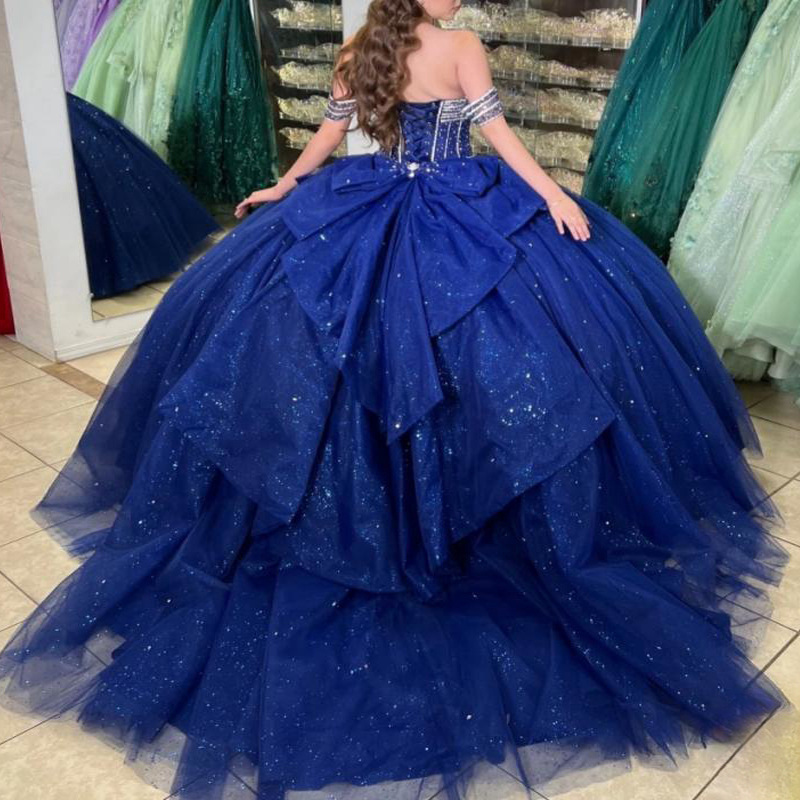 Navy Blue Glitter Quinceanera Dresses Ball Gown Off The Shoulder Beaded Crystal Bow Tull Corset Sweet 16 Dress Vestido De 15 Anos