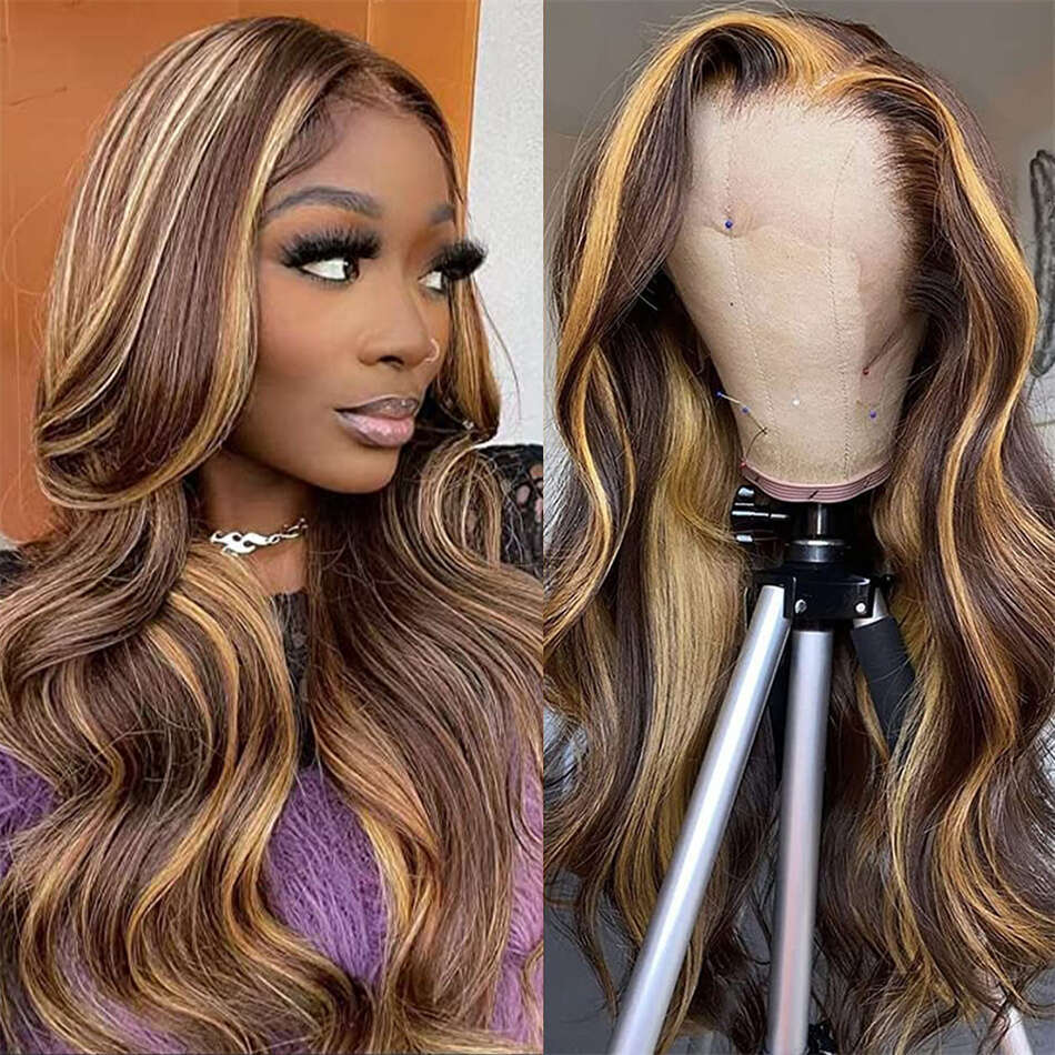 Highlight Human Ombre Brown Brazilian Hair Wigs For Women 32 Inch Honey Blonde Body Wave Lace Front Wig