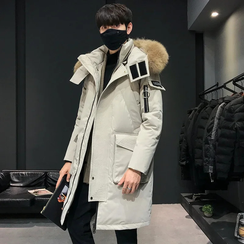 winter mens hooded fur collar long park jacket fashionable mens multi pocket white duck inflatable jacket 3XL 241022