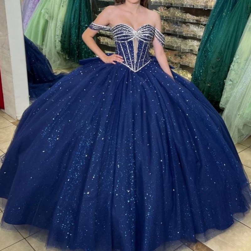 Navy Blue Glitter Quinceanera Dresses Ball Gown Off The Shoulder Beaded Crystal Bow Tull Corset Sweet 16 Dress Vestido De 15 Anos