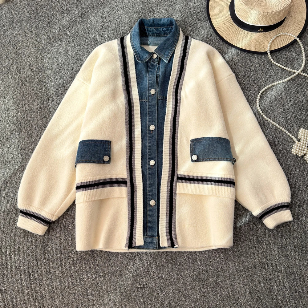 Denim Knitted Splicing Coat Warm Short and Fat Open Knitted Sweater Top Womens Spring and Autumn Knitted Clothing 241022
